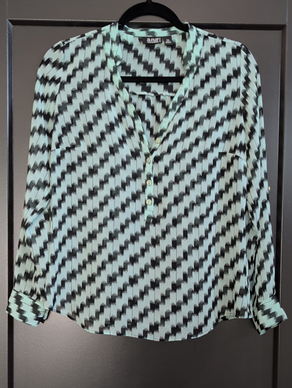 Mint and Black Geometric Button-Front Blouse